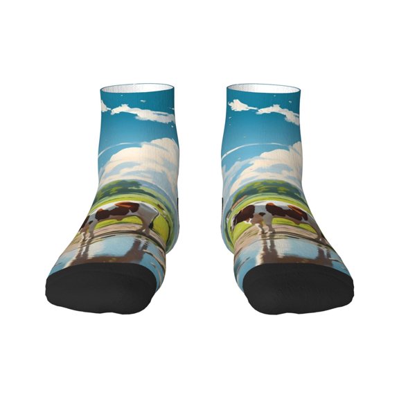 Rateoe Countryside Farm Cow Pattern Quarter Crew Socks,Toe Seamed Ankle Socks,Cotton Cushioned Breathable Athletic Crew Sports Socks