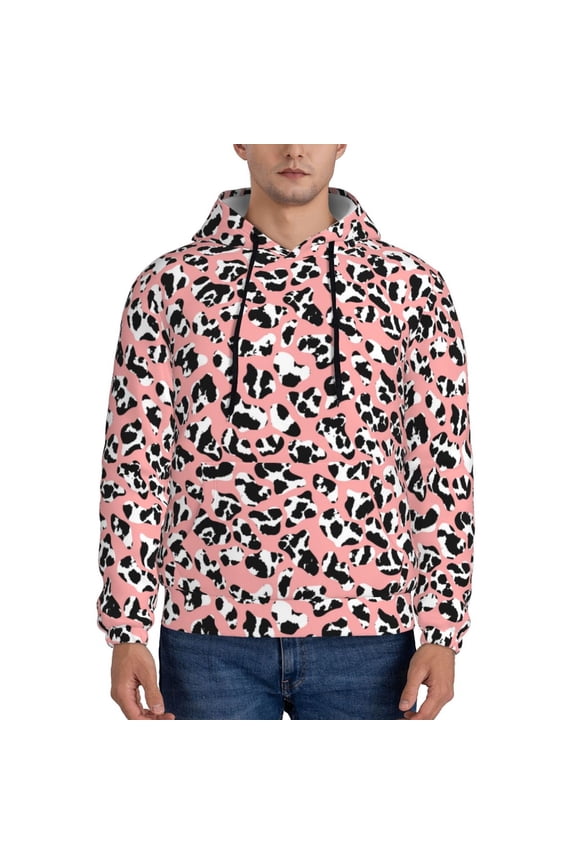 Cow Animal Skin Pattern Mens Hoodie, Pullover Hooded Sweatshirt, Kangaroo Pocket Hoodie Ideal for Daily Wear, Travel and Home-Large