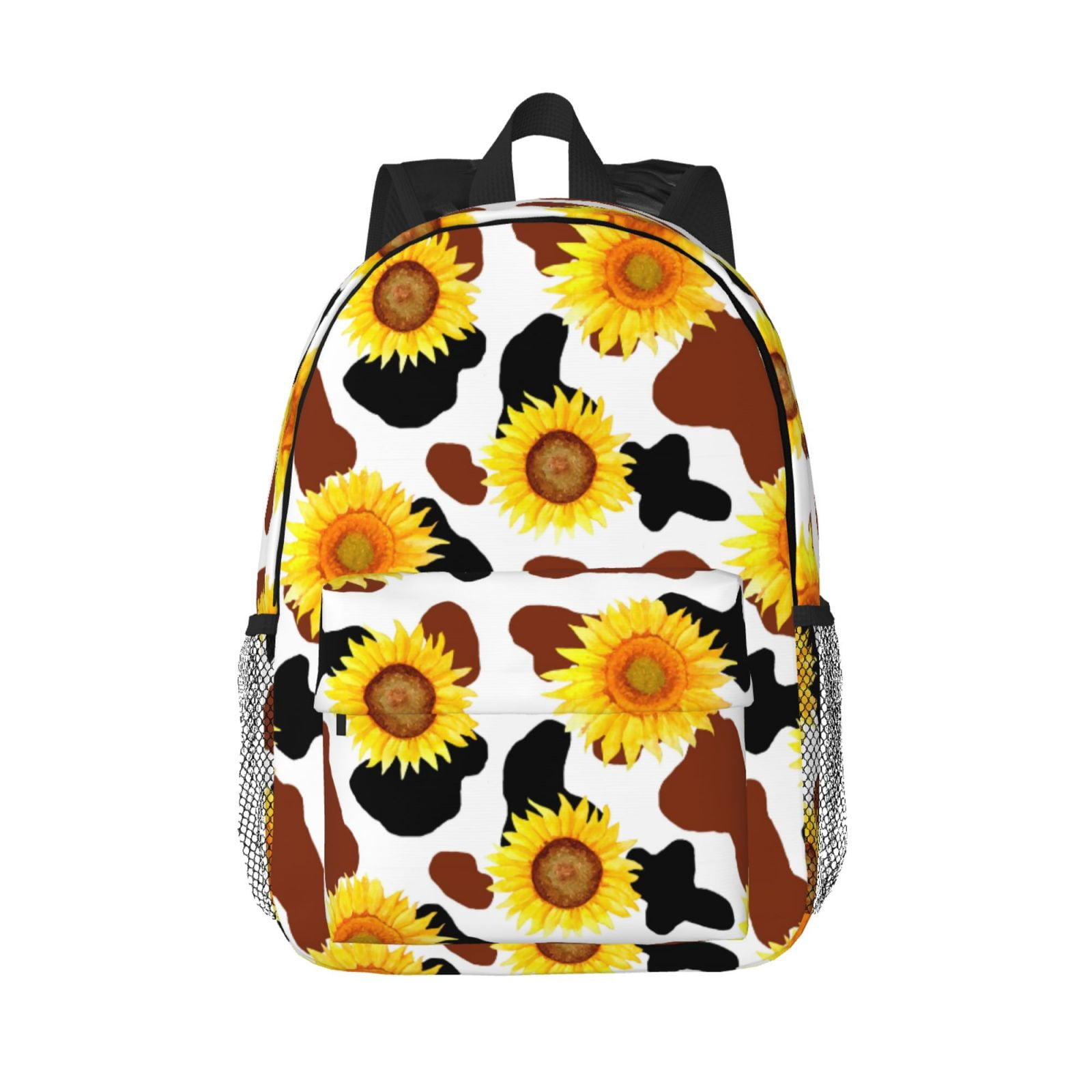 Rateoe Cow Print Sunflower Pattern Student Backpack Water-resistant Backpack 15-inch Laptop Backpack Lightweight Adjustable School Backpack