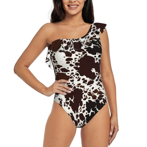 Rateoe Cow Skin Pattern Women One Piece Swimsuits Tummy Control One Shoulder Bathing Suits Ruffle Swimwear-X-Large