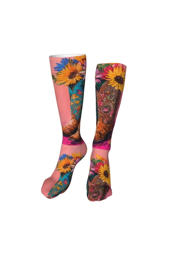 Cowboy Boots With Flowers print Women's Men's Novelty 20in Crew Socks Cotton Socks Knee High Socks for Walking,Running,Nurses,Pregnancy-One Size
