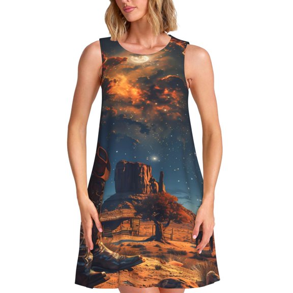 Rateoe Cowboy Boots Under Starry Sky Pattern Women’s Sleeveless Dress,Casual Summer Dress,A-line Sleeveless Dress Versatile Summer Dress Stylish Day Dress