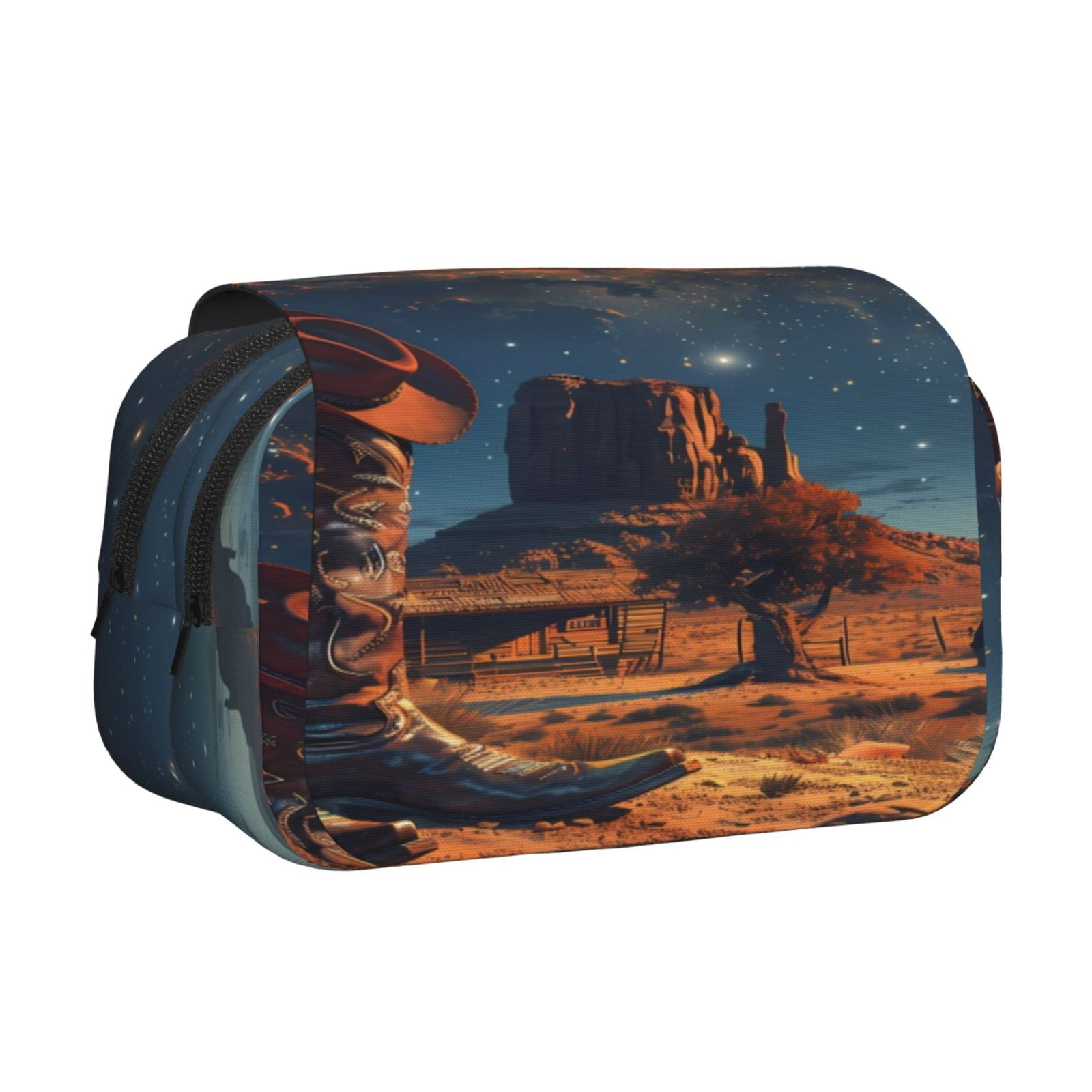 Rateoe Cowboy Boots Under Starry Sky Pattern Double Clamshell Pen Case, Storage Organizer with Two Zipper Compartments– Holds Up to 50 Pencils & Pens