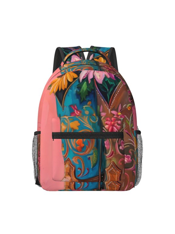 Cowboy Boots With Flowers Pattern Durable Student Backpack Laptop Bag- Ergonomic Design, Waterproof Twill Fabric - Ideal for School, Travel, and Outdoor Activities-One Size