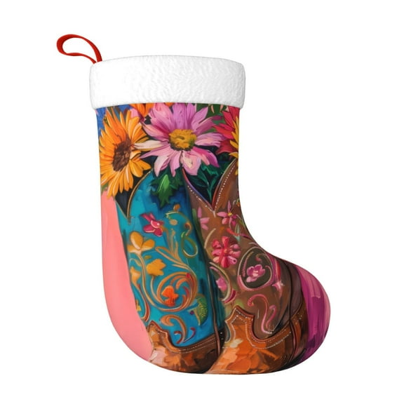 Rateoe Cowboy Boots With Flowers Print Christmas Stockings,18 Inch Large Christmas Stockings Decoration Ornaments for Holiday Home Fireplace Indoors