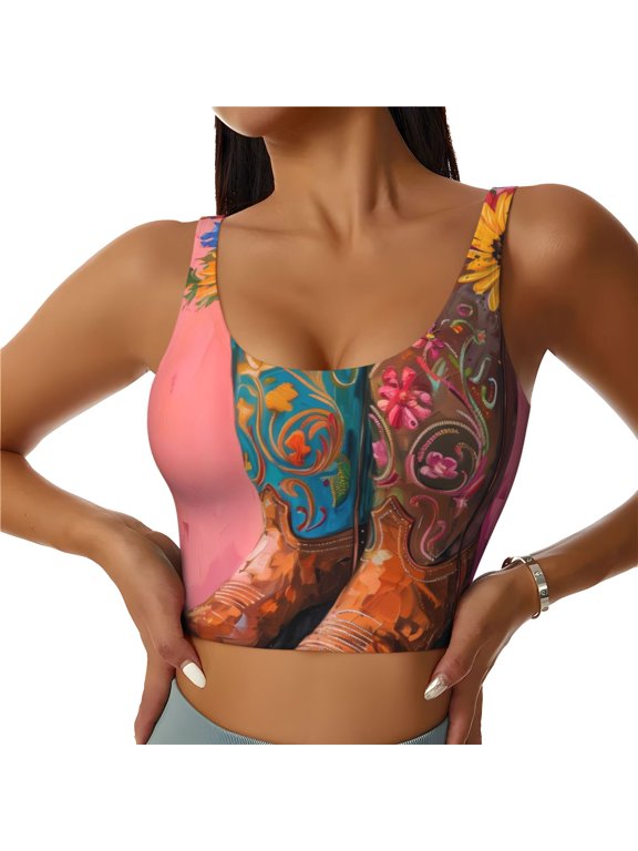 Cowboy Boots With Flowers Print Womens' Sports Bras Scoop Neck Sports Vest- Padded U Back Seamless High Impact Support-XX-Large