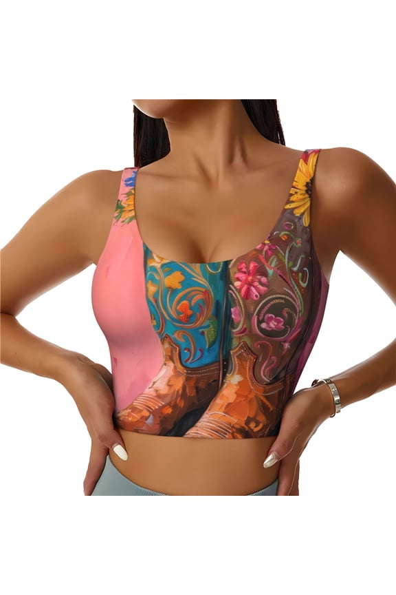Cowboy Boots With Flowers Print Womens' Sports Bras Scoop Neck Sports Vest- Padded U Back Seamless High Impact Support-XX-Large