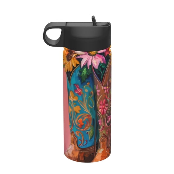 Rateoe Cowboy Boots With Flowers Printed 18oz Sports Insulated Water Bottle, Double-Walled Stainless Steel Kettle with Leak-Proof Straw Lid, Portable & BPA-Free for Outdoor, Gym, Camping, and Travel
