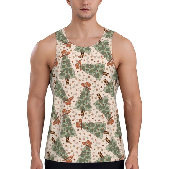 Rateoe Cowboy Christmas Trees Pattern Sleeveless Gym Shirt Muscle Tee Breathable Workout Shirt Slim-Fit Tank Quick Dry Fit Muscle Tank Top Bodybuilding Sleeveless T Shirt-Large