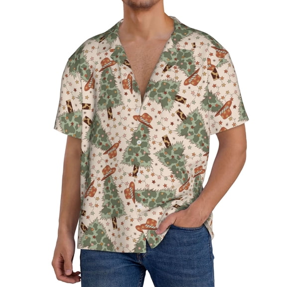 Rateoe Cowboy Christmas Trees Print Mens Front Pocket Hawaiian Shirts Casual Shirts Short Sleeve Button Down Beach Tropical Shirts-XX-Large