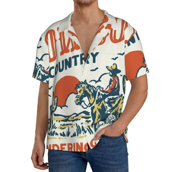 Rateoe Cowboy Rising Horse Pattern Men's Short Sleeve Classic Shirt, Casual Short-Sleeved Shirt, Lightweight Summer Shirt, Cuban Collar Shirt,Button-Front Shirt-Medium