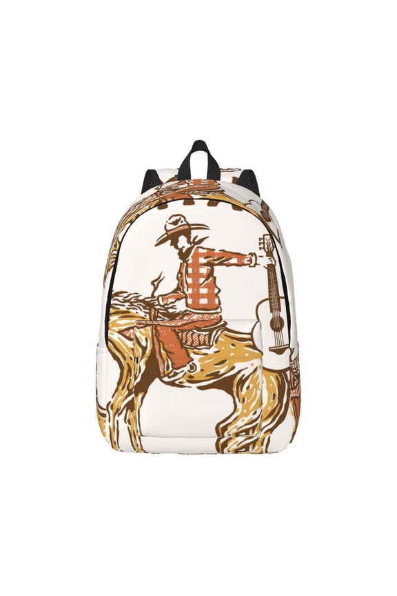 Cowboy Rodeo Guitar Pattern Canvas College Laptop Backpack,Travel Daypack,Durable Rucksack Travel Notebook Bag School Backpack Book Bag for Men Women-Small