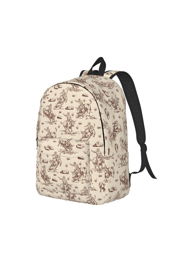 Cowboy Sitting On Cow Back Pattern Durable Canvas Backpack for Men & Women – Stylish & Lightweight – Adjustable Straps, Multiple Pockets – Fits 15-17 Inch LaptopsMedium
