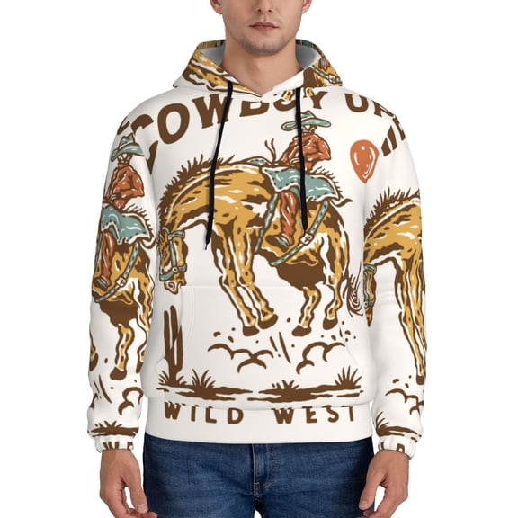 Rateoe Cowboy Up Vintage Wild West Pattern Mens Hoodie, Pullover Hooded Sweatshirt, Kangaroo Pocket Hoodie Ideal for Daily Wear, Travel and Home-Large