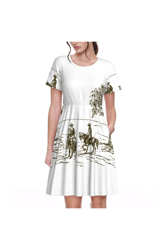 Cowboys Riding A Horse Near A Tree Pattern Women’s Short Sleeve Dress – Casual Elegant Summer A-Line Dress for Everyday Wear