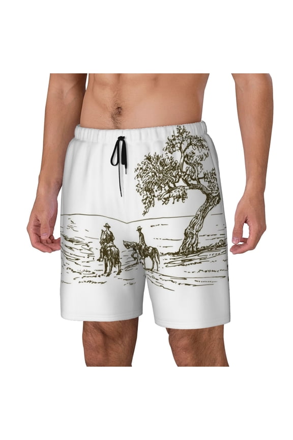 Cowboys Riding A Horse Near A Tree Pattern Men’s Swim Shorts with Compression Liner – Double-Layered Quick-Dry Swimwear, Comfortable & Stretchy Beach Shorts-XX-Large