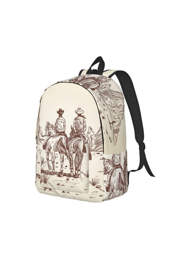 Cowboys Riding Horses Pattern Durable Canvas Backpack for Men & Women – Stylish & Lightweight – Adjustable Straps, Multiple Pockets – Fits 15-17 Inch LaptopsMedium