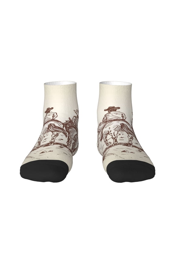Cowboys Riding Horses Pattern Quarter Crew Socks,Toe Seamed Ankle Socks,Cotton Cushioned Breathable Athletic Crew Sports Socks