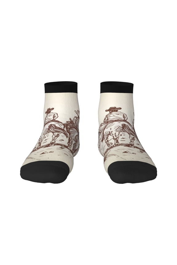 Cowboys Riding Horses Pattern Quarter Crew Socks,Toe Seamed Ankle Socks,Cotton Cushioned Breathable Athletic Crew Sports Socks