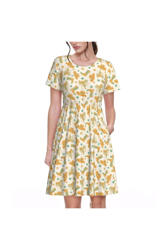 Cowgirl Boots 3 Pattern Women’s Short Sleeve Dress – Casual Elegant Summer A-Line Dress for Everyday Wear