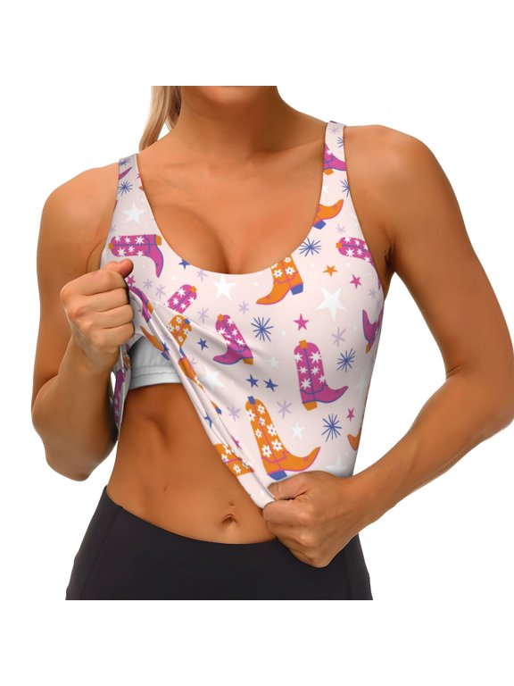 Cowgirl Boots Print Womens' Sports Bras Scoop Neck Sports Vest- Padded U Back Seamless High Impact Support