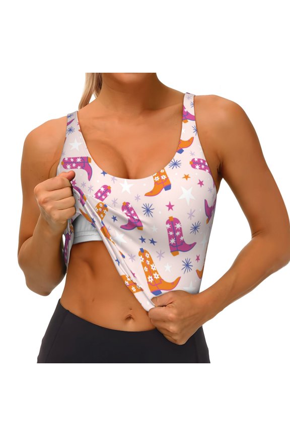 Cowgirl Boots Print Womens' Sports Bras Scoop Neck Sports Vest- Padded U Back Seamless High Impact Support