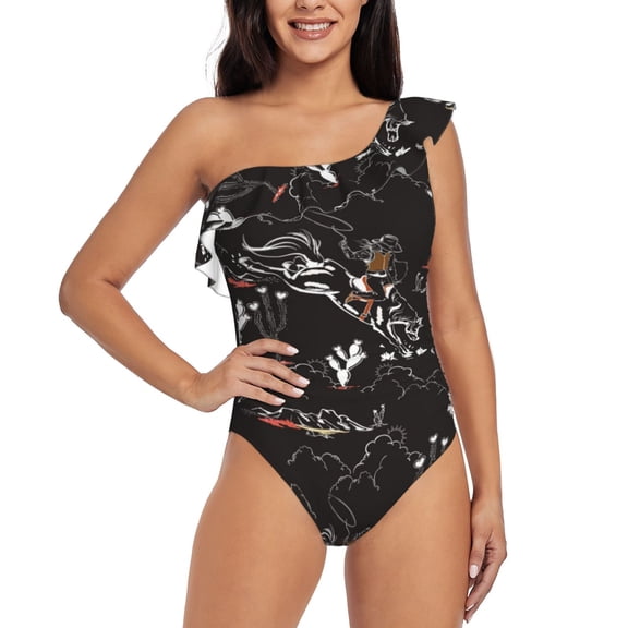 Rateoe Cowgirl In Desert Pattern Women One Piece Swimsuits Tummy Control One Shoulder Bathing Suits Ruffle Swimwear-Large