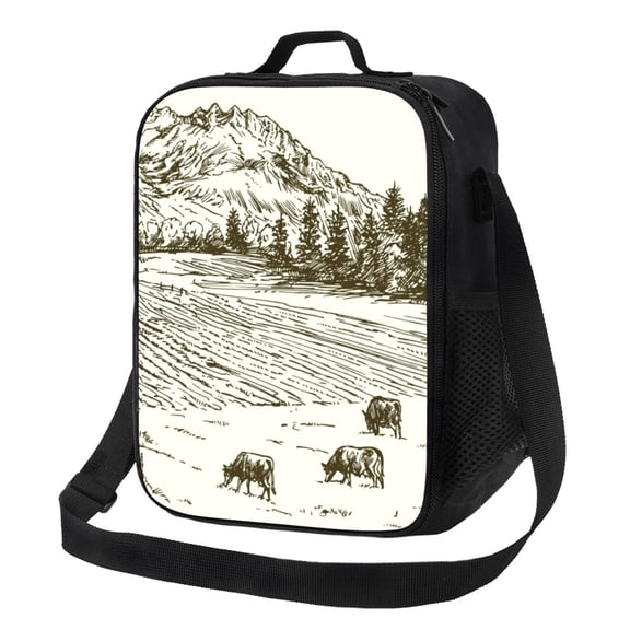 Rateoe Cows Grazing On Meadow Lunch Bag Reusable Lunch Box with Shoulder Straps for Men Women Insulated Portable Lunchbox for adults Suitable for School Work Picnic