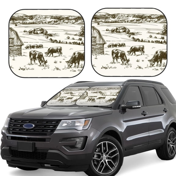Rateoe Cows Grazing On The Meadow 1 Pattern 2 Piece Car Windshield Sun Shade Foldable | Front Windshield Shade for Sun, Heat and UV Rays | Sunshade for Car Front Window-Medium
