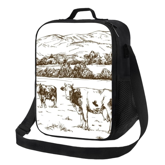 Rateoe Cows Grazing On The Meadow 2 Lunch Bag Reusable Lunch Box with Shoulder Straps for Men Women Insulated Portable Lunchbox for adults Suitable for School Work Picnic
