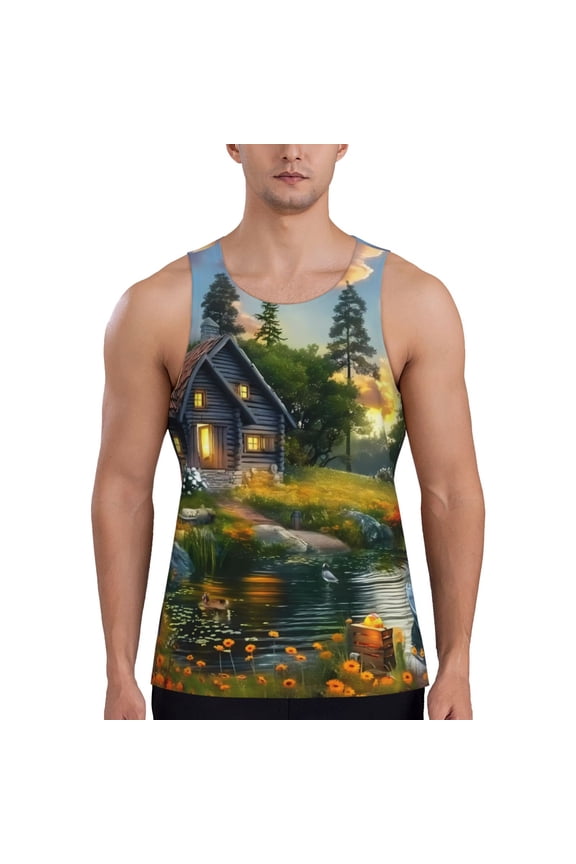 Cozy Cottage Lakeside Sunset Pattern Sleeveless Gym Shirt Muscle Tee Breathable Workout Shirt Slim-Fit Tank Quick Dry Fit Muscle Tank Top Bodybuilding Sleeveless T Shirt-Large