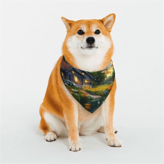 Rateoe Cozy Cottage Lakeside Sunset Print Pet Scarf for Dogs and Cats – Stylish Reflective Design, Breathable & Durable Pet Bandana with Quick-Release Buckle-Large