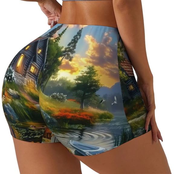 Rateoe Cozy Cottage Lakeside Sunset Printed Power Workout Shorts for Women Tummy Control Squat Proof Ribbed Thick Seamless Scrunch Active Short-X-Large