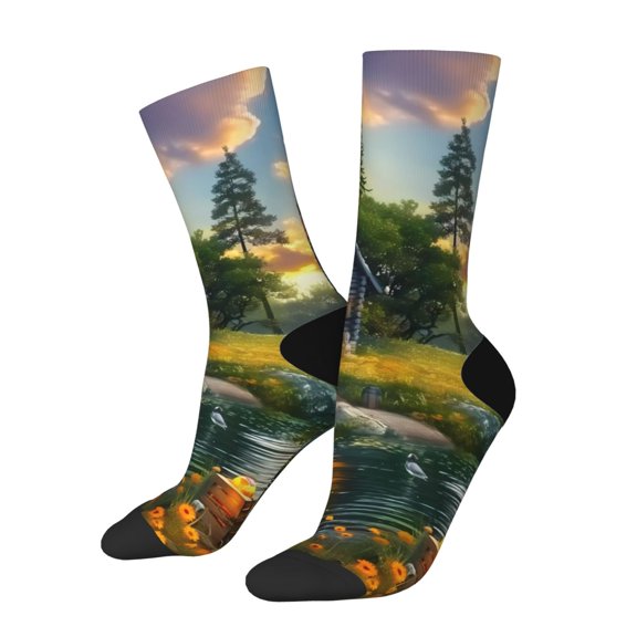 Rateoe Cozy Cottage Lakeside Sunset for Women Casual Calf Socks - Cute Crew Socks - Thin Soft Above Ankle Socks Size 5-11