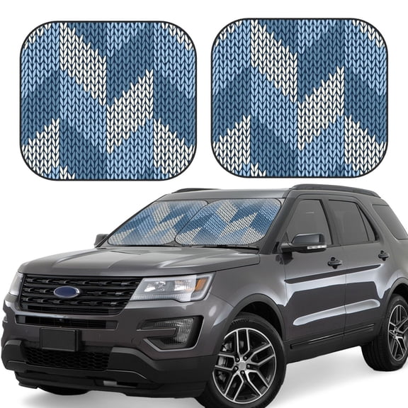 Rateoe Cozy Knitted Blue Chevron Pattern 2 Piece Car Windshield Sun Shade Foldable | Front Windshield Shade for Sun, Heat and UV Rays | Sunshade for Car Front Window-Large