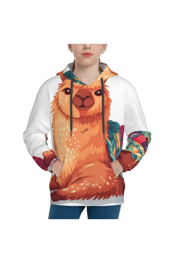 Cozy Knitting Llama Pattern Boys Hoodie, Youth Pullover Hooded Sweatshirt, Kangaroo Pocket Hoodie for Kids-Medium