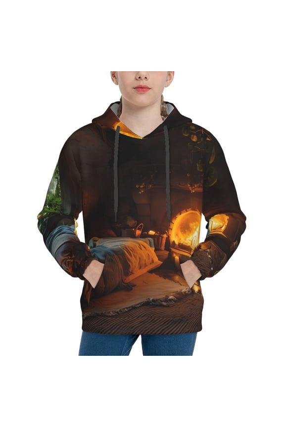 Cozy Tree Hole Cabin Pattern Boys Hoodie, Youth Pullover Hooded Sweatshirt, Kangaroo Pocket Hoodie for Kids-Small