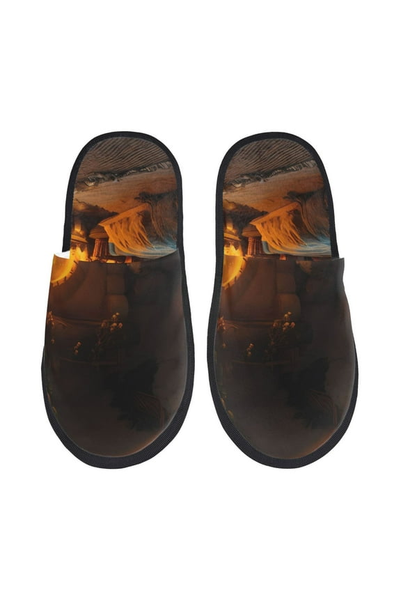 Cozy Tree Hole Cabin Pattern Fuzzy Slippers Fuzzy Soft House Slippers Plush Furry Warm Cozy Open Toe Fluffy Home Shoes-Large