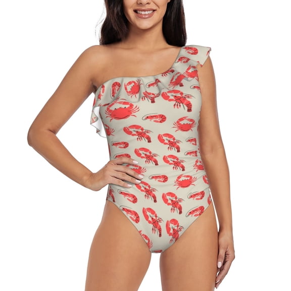 Rateoe Crab Lobster 1 Pattern Women One Piece Swimsuits Tummy Control One Shoulder Bathing Suits Ruffle Swimwear-XX-Large