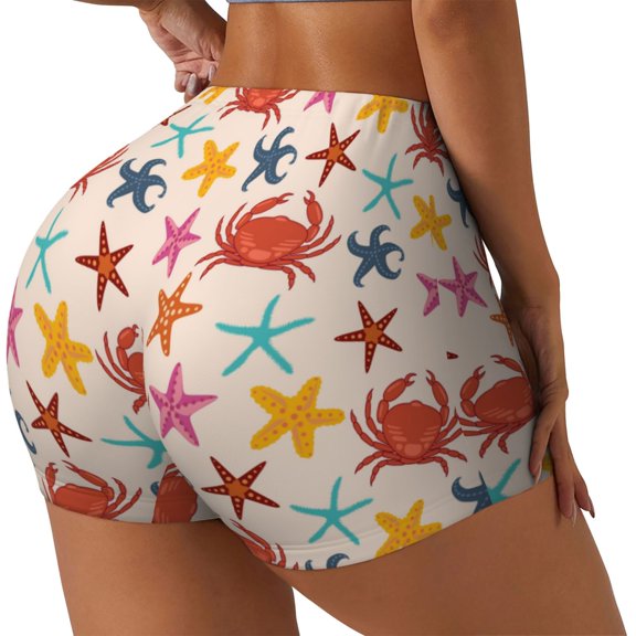 Rateoe Crabs And Seastars Printed Power Workout Shorts for Women Tummy Control Squat Proof Ribbed Thick Seamless Scrunch Active Short-Small