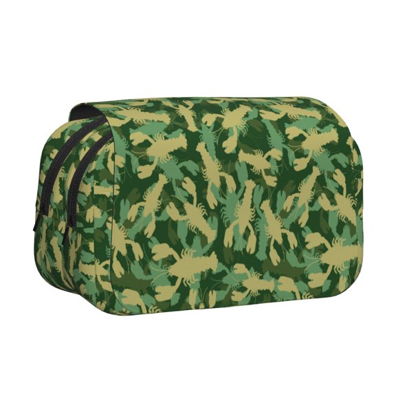 Rateoe Crayfish Army Pattern Double Clamshell Pen Case, Storage Organizer with Two Zipper Compartments Holds Up to 50 Pencils & Pens