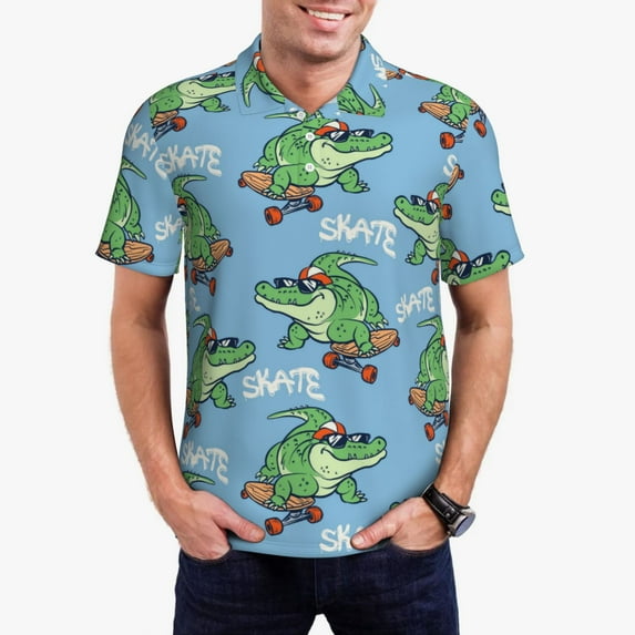 Rateoe Crocodile Riding Skateboard Pattern Men's Short Sleeve Polo Shirts, Golf Polo Shirts Short Sleeve Performance Moisture Wicking Dry-4X-Large