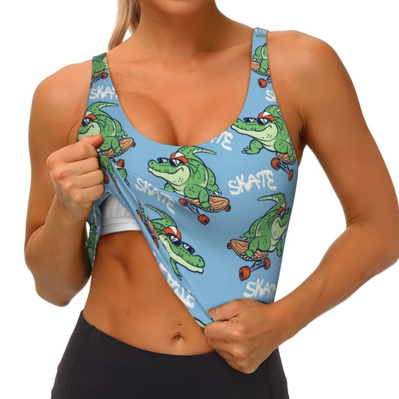 Rateoe Crocodile Riding Skateboard Print Womens' Sports Bras Scoop Neck Sports Vest- Padded U Back Seamless High Impact Support