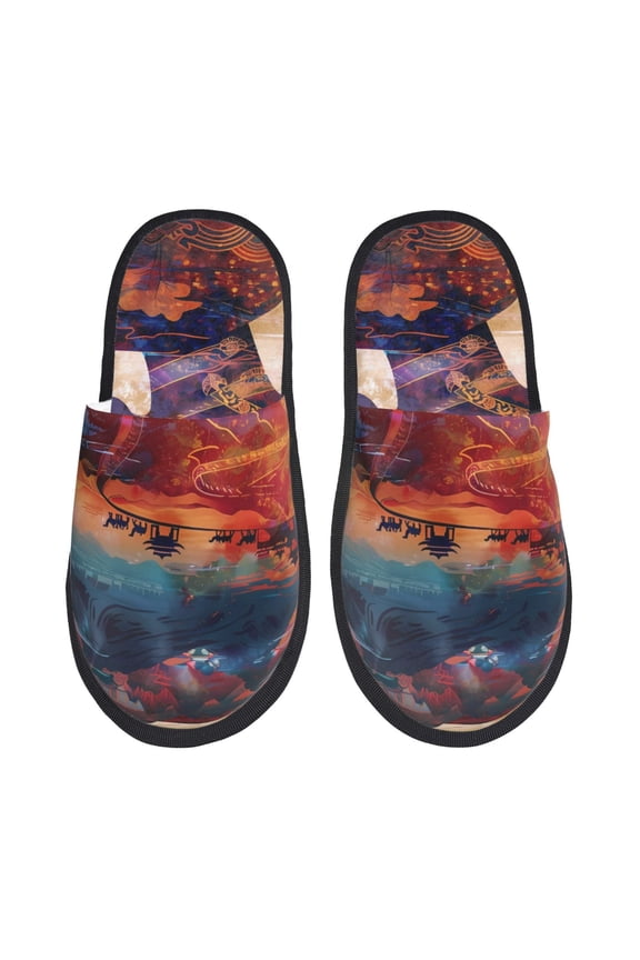 Cultural Silhouette Journey Pattern Fuzzy Slippers Fuzzy Soft House Slippers Plush Furry Warm Cozy Open Toe Fluffy Home Shoes-Large