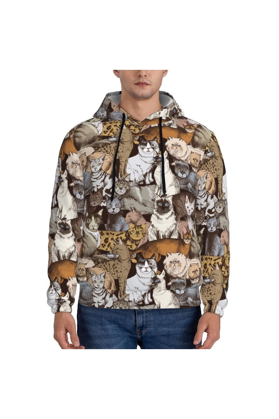 Cut Cats Pattern Mens Hoodie, Pullover Hooded Sweatshirt, Kangaroo Pocket Hoodie Ideal for Daily Wear, Travel and Home-Medium