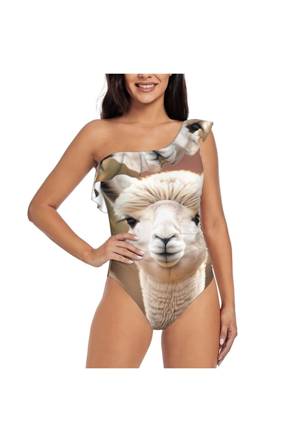 Cute Alpaca in Daze Pattern Women One Piece Swimsuits Tummy Control One Shoulder Bathing Suits Ruffle Swimwear-Large