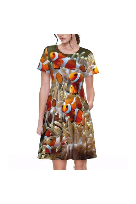 Cute Anemone Fish Pattern Women’s Short Sleeve Dress – Casual Elegant Summer A-Line Dress for Everyday Wear