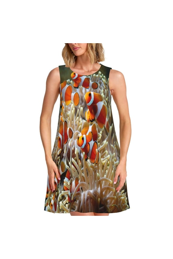 Cute Anemone Fish Pattern Women’s Sleeveless Dress,Casual Summer Dress,A-line Sleeveless Dress Versatile Summer Dress Stylish Day Dress