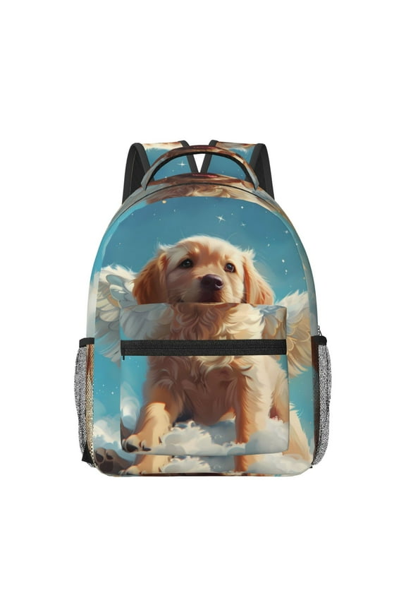 Cute Angel Winged Dog Pattern Durable Student Backpack Laptop Bag- Ergonomic Design, Waterproof Twill Fabric - Ideal for School, Travel, and Outdoor Activities