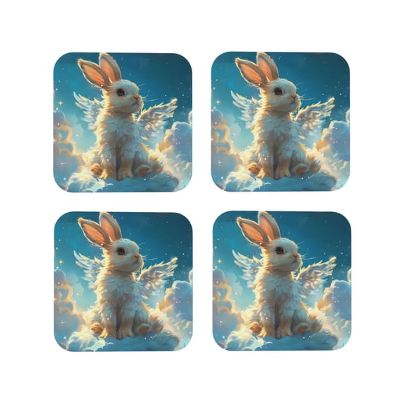 Rateoe Cute Angel Winged Rabbit Drawing Drink Coasters Set of 4 Leather Coasters Spill Protection for Table Desk,Durable and Non Slip Leather Coaster ,4 Inches Drink Mats-Square